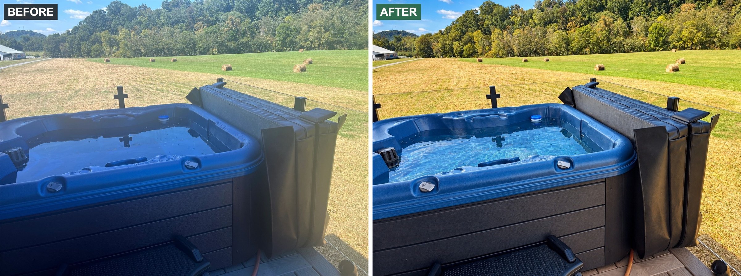 Before and after: a hot tub with a field behind it.