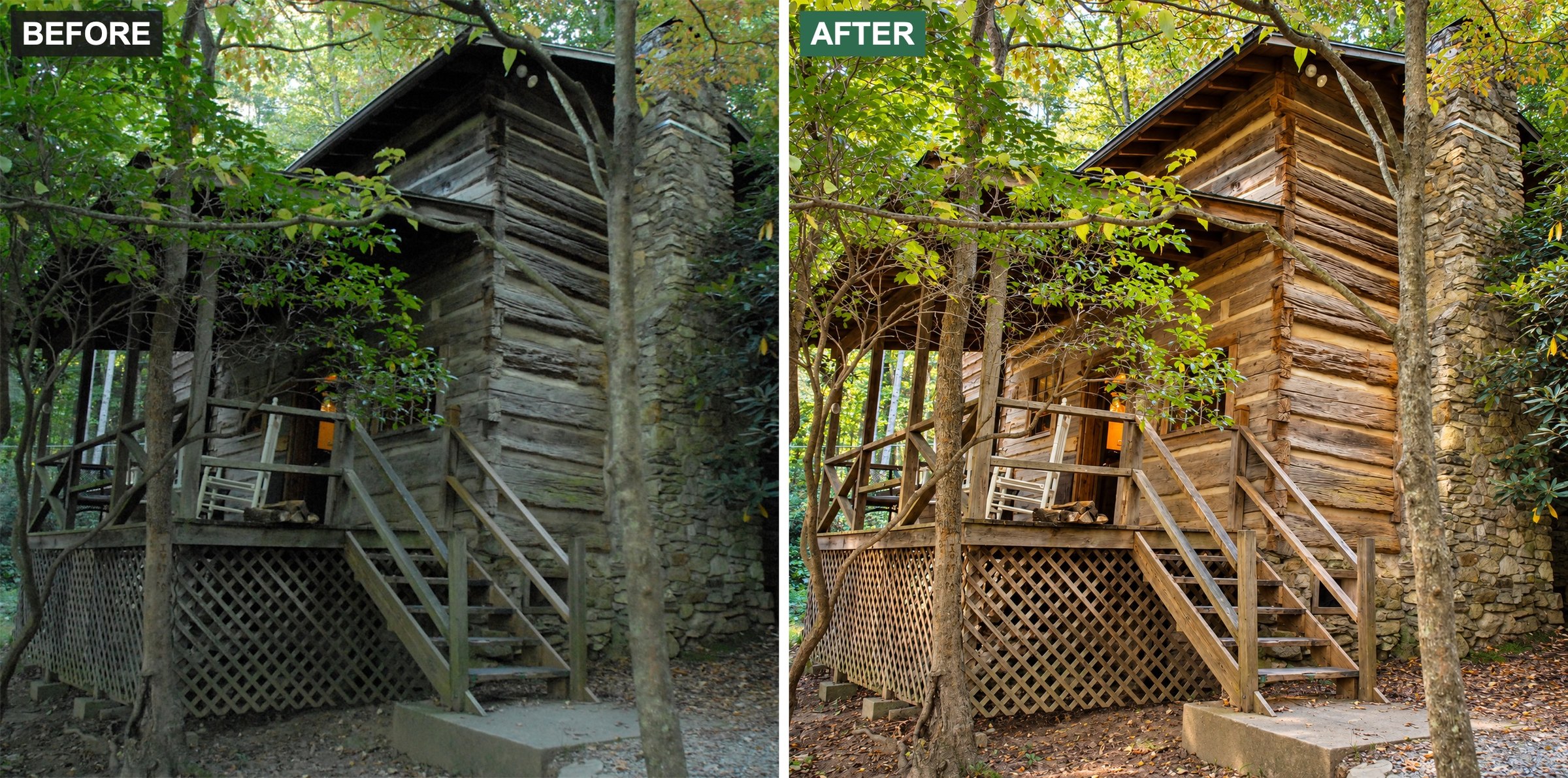 Before and after: a log cabin exterior.