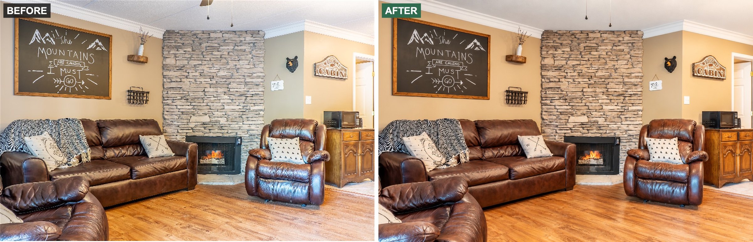 Before and after: a living room with a stone fireplace.