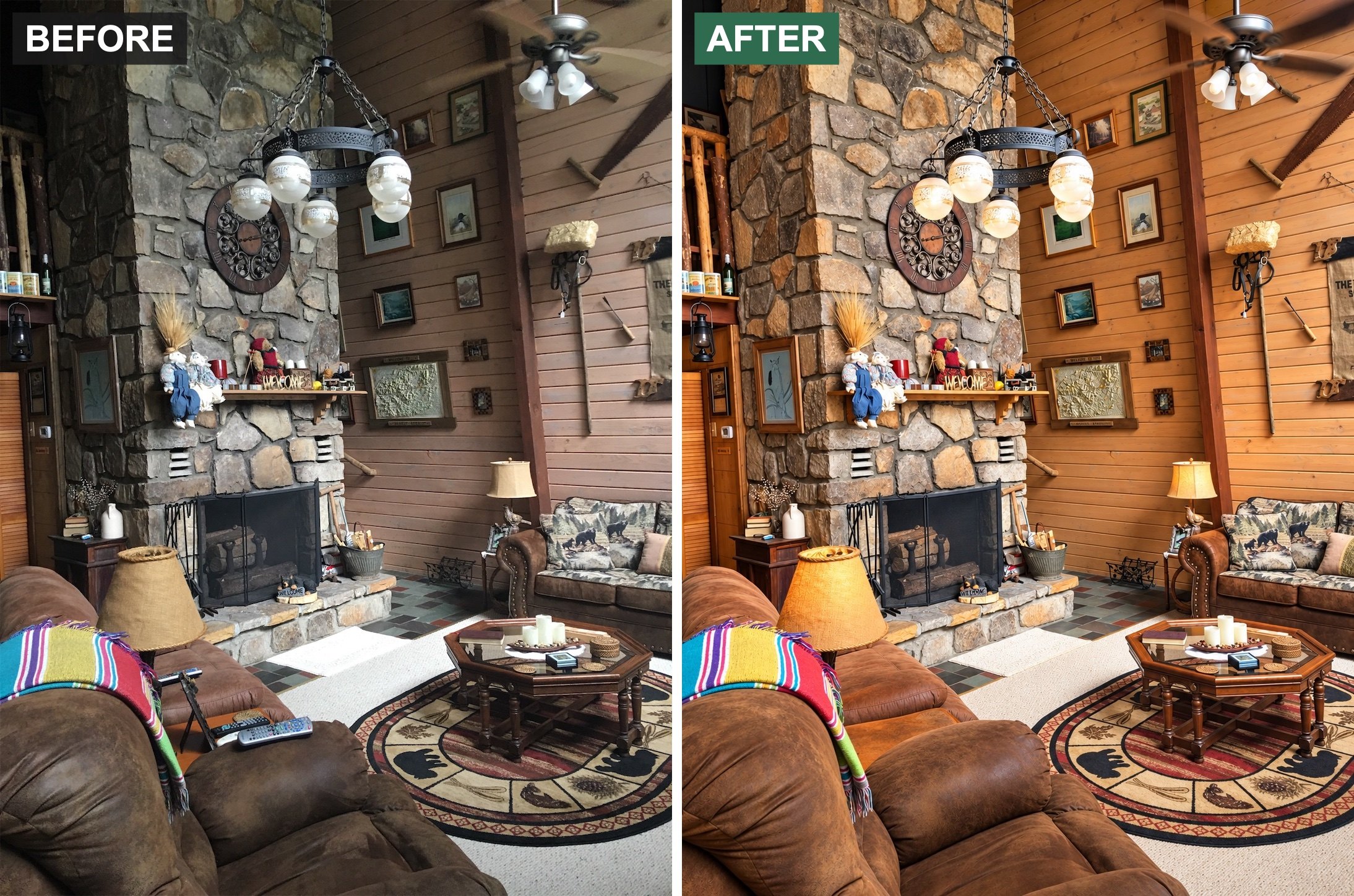 Before and after: a cabin living room with a stone chimney.