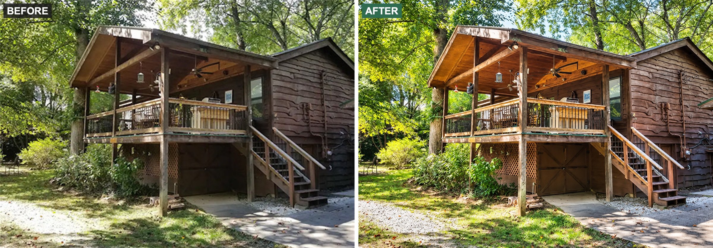 Before and after: a cabin with a covered deck among trees.